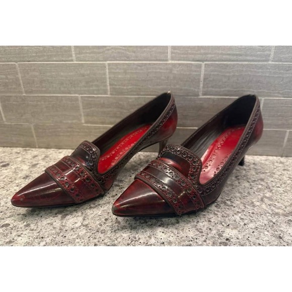 Deep Red Tory Burch Pointed Toe Patent‎ Leather Resoled Kitten Heels *blemishes* - Picture 8 of 10